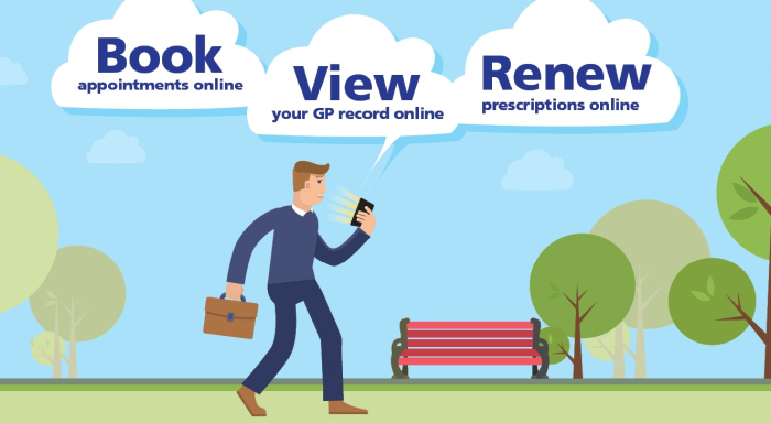 A man walking through a park holding his mobile with clouds above reading book appointments online view your gp records online renew prescriptions online